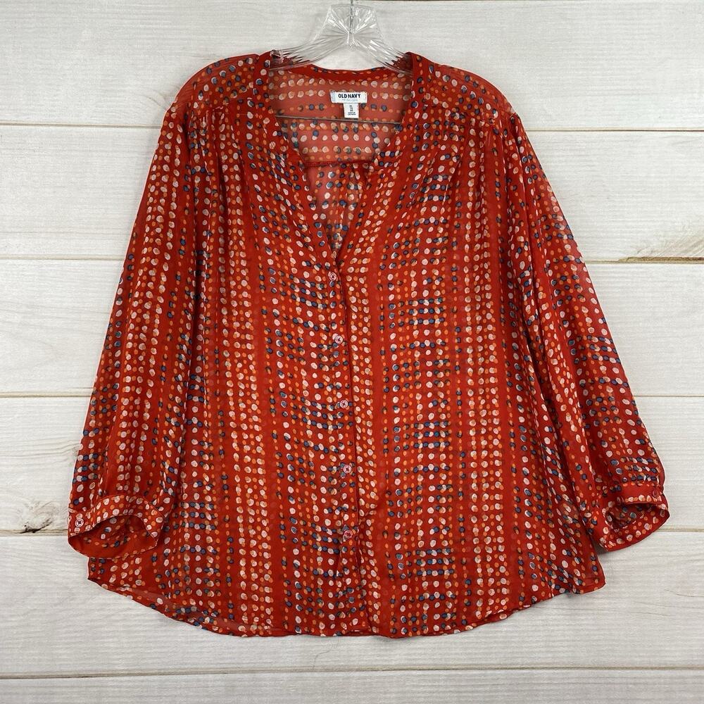 Old Navy Top Womens XL Red Dotted Sheer Button Up V Neck Chiffon Beach Cruise